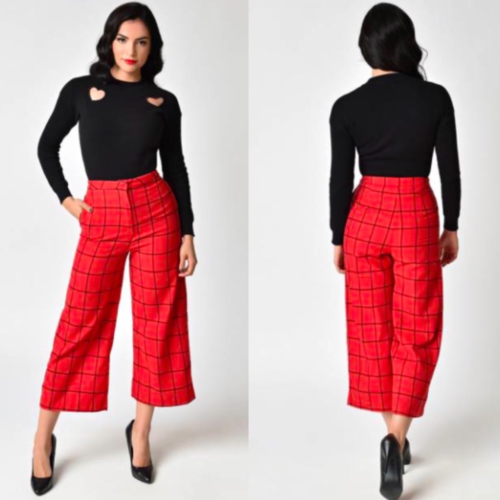 Vintage-style Red Plaid Culottes